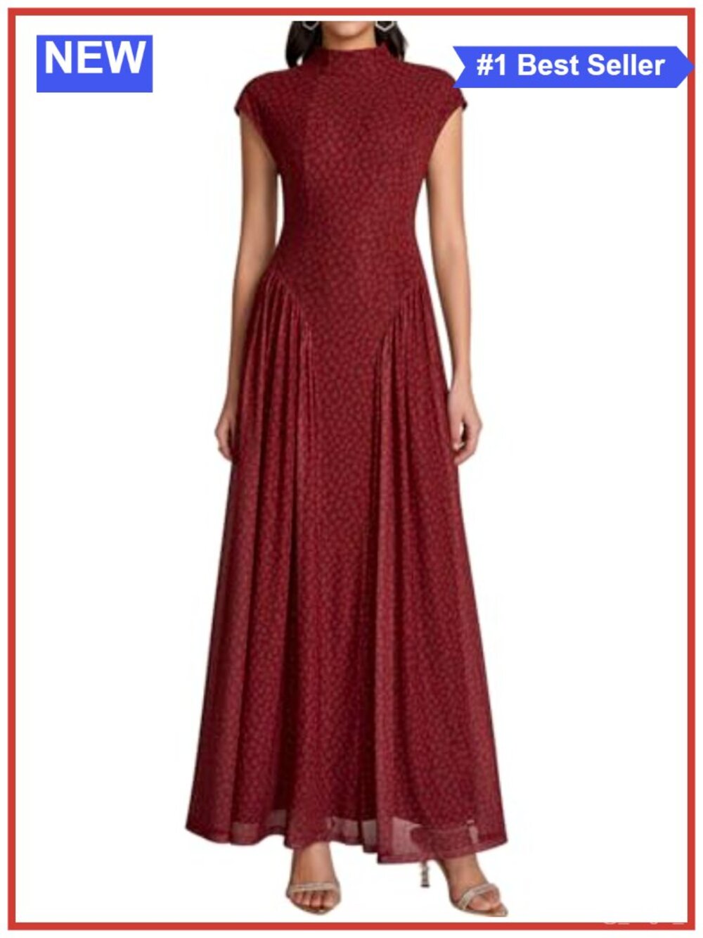 Floral Maxi Dress Mock Neck Cap Sleeve A-Line Ruched Hem Formal Wedding Guest